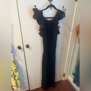 LOFT Navy Blue Satin Jumpsuit with Ruffle Details